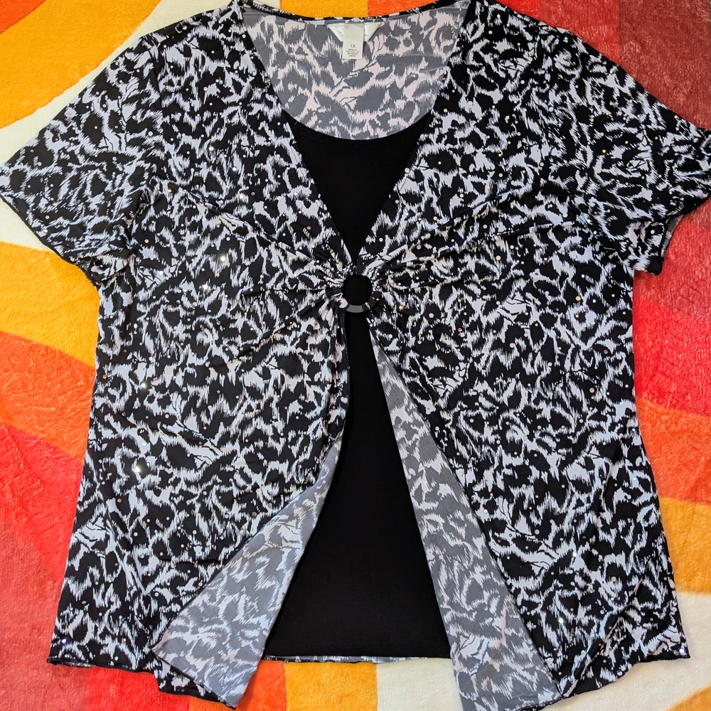 Vintage CJ Banks Black & White Patterned Women's Top 1X Stretchy Flyaway Top